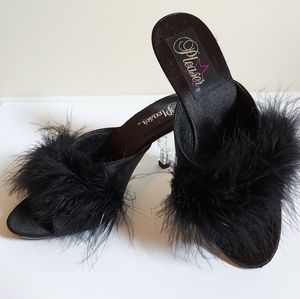 * New* Black Heeled Feather Slippers